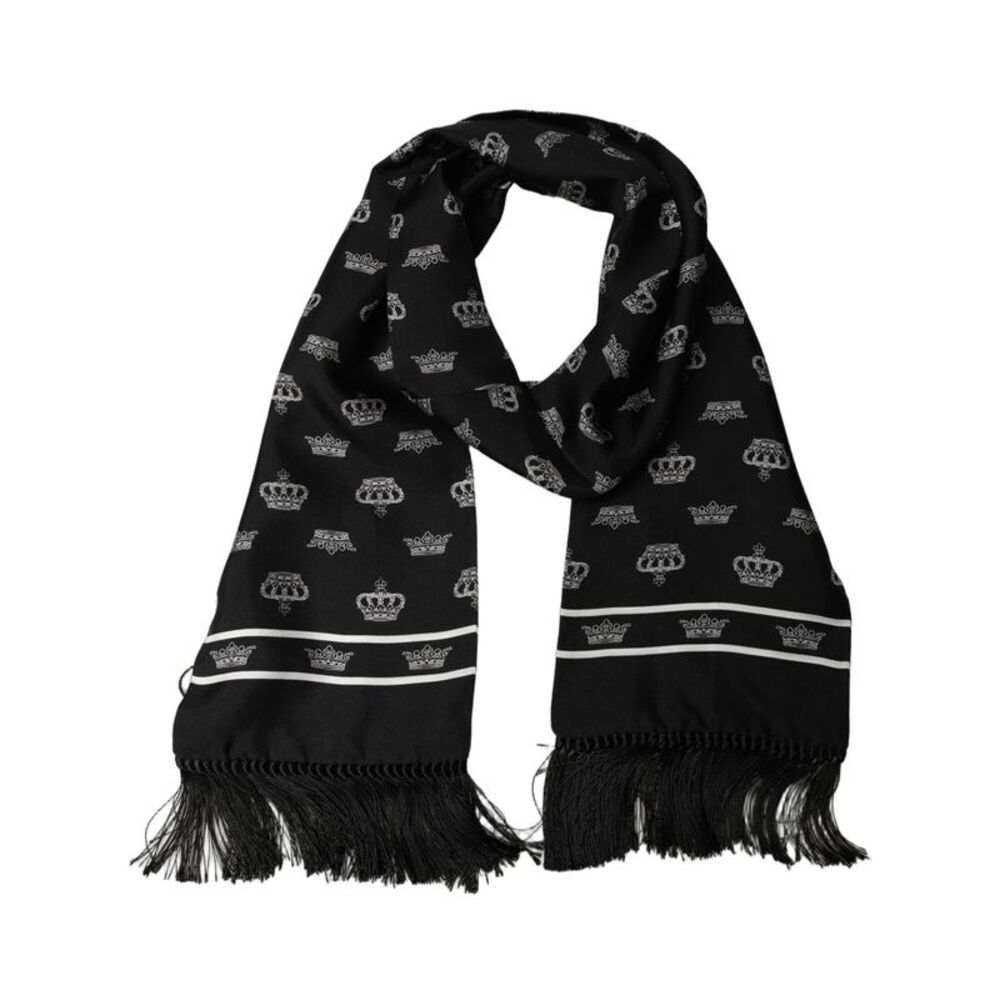 Dolce & Gabbana Black Silk Crown Fringed Neck Shawl Men's Scarf